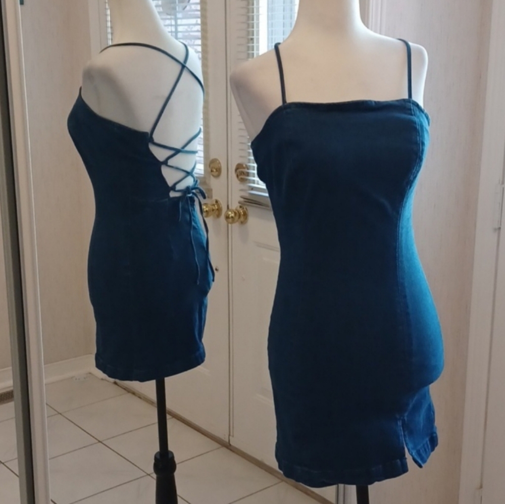 2/$50 Chic Blue Jean Dress With Lace-up Crisscross Back - Size XS